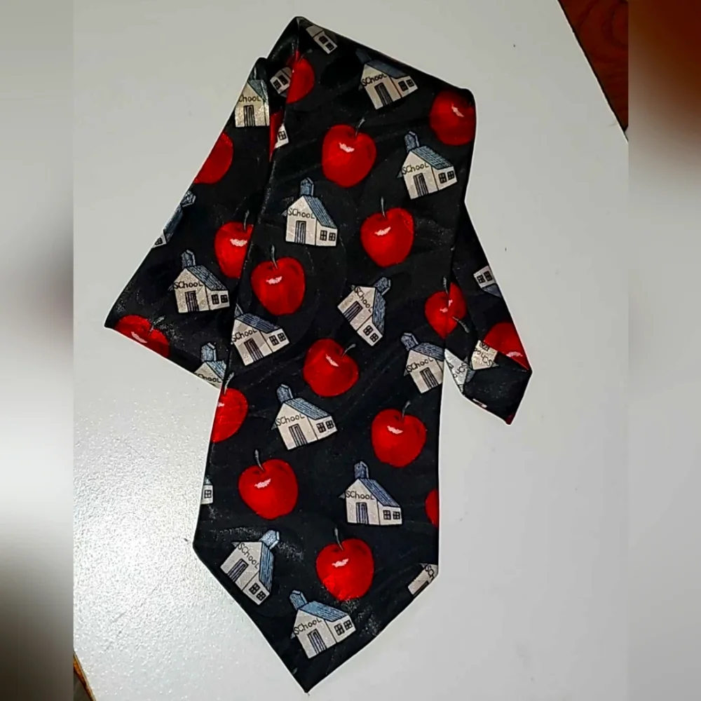 SCHOOL NECKTIE Black Tie White Schoolhouses & Bright Red Delicious Apples